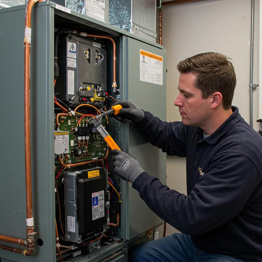 HVAC technician inspecting a furnace, highlighting the importance of addressing strange noises for maintenance
