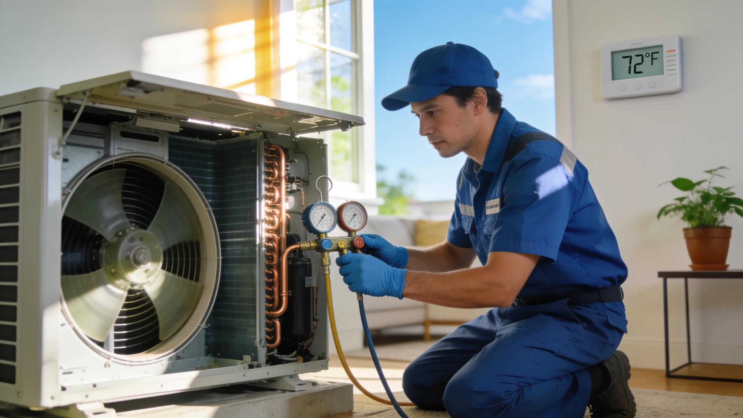 Technician performing air conditioning maintenance in a summer setting, highlighting HVAC care