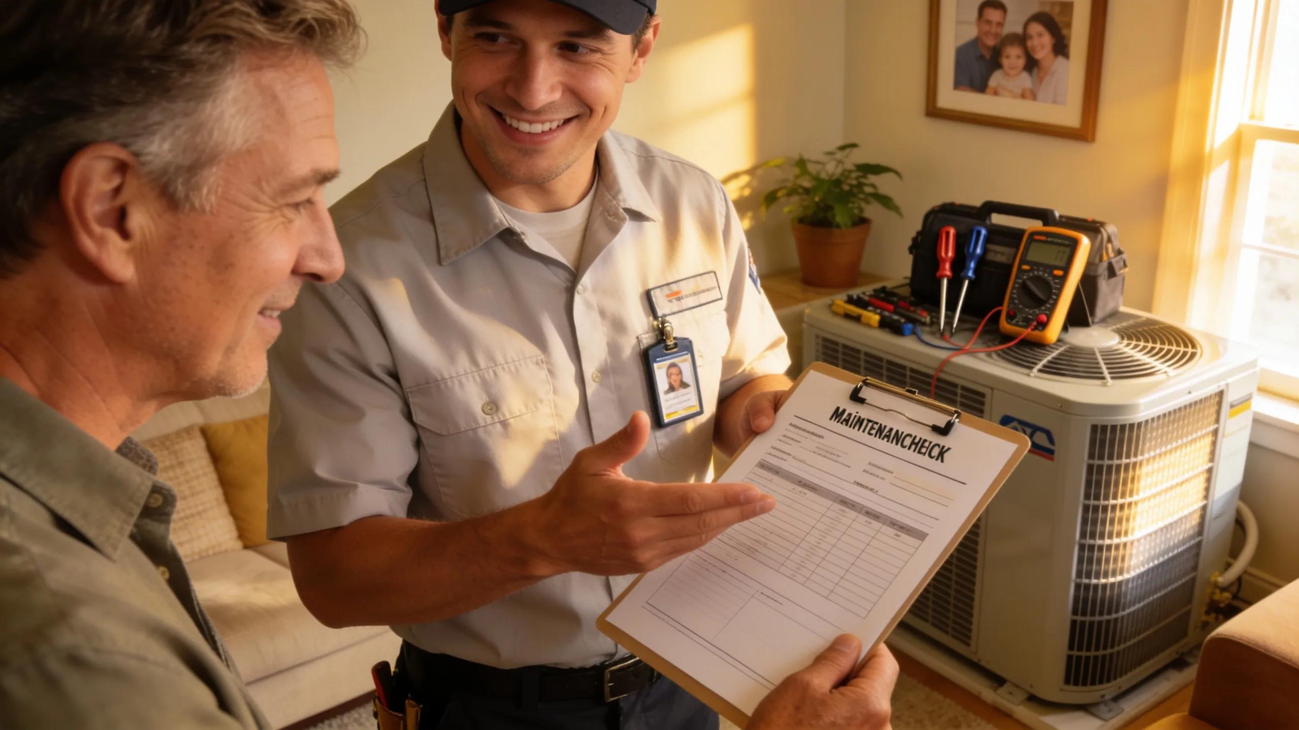 HVAC technician discussing air conditioning maintenance with homeowner, illustrating benefits of professional tune-ups