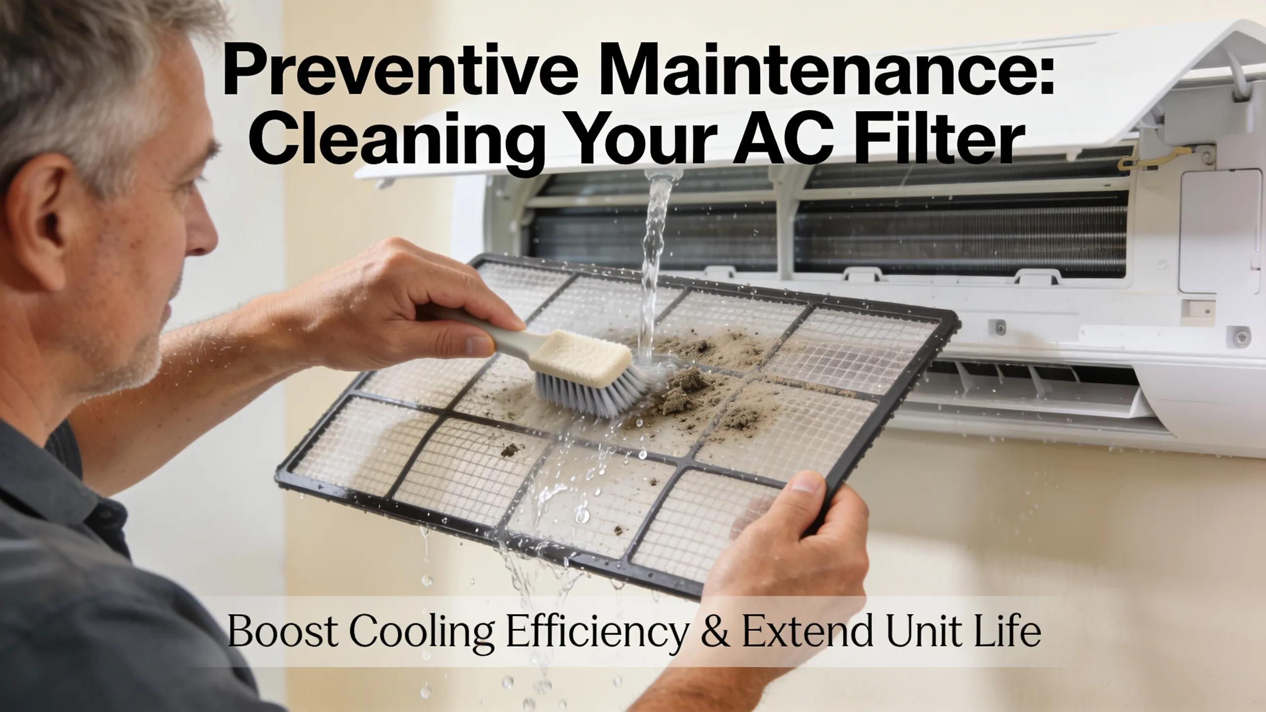 Homeowner cleaning an air conditioning filter, emphasizing preventive maintenance for cooling efficiency